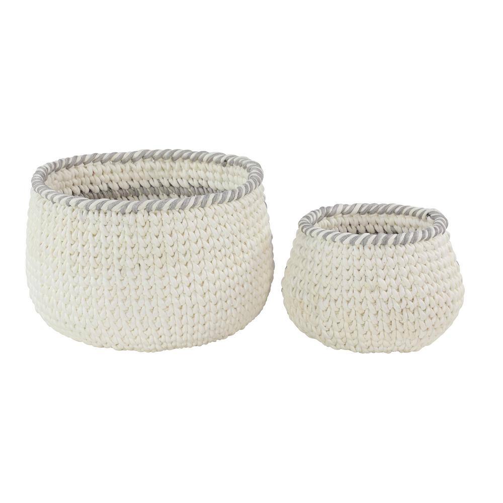 Litton Lane Round Chevron-Patterned Gray Mesh and White Cotton Rope Baskets with No Handles (Set of 2)