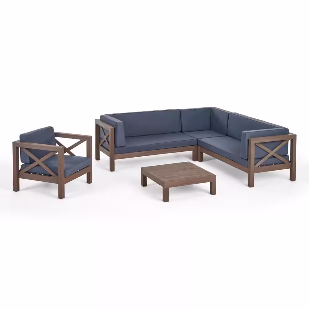 Noble House Brava Grey 5-Piece Wood Patio Conversation Sectional Seating Set with Dark Grey Cushions