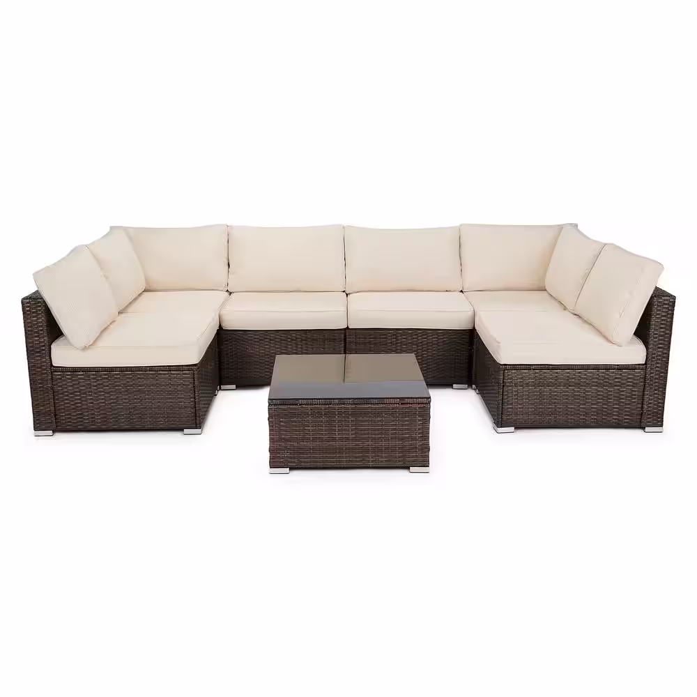 None 7-Piece Wicker Patio Sectional Sofa Set with Beige Cushions