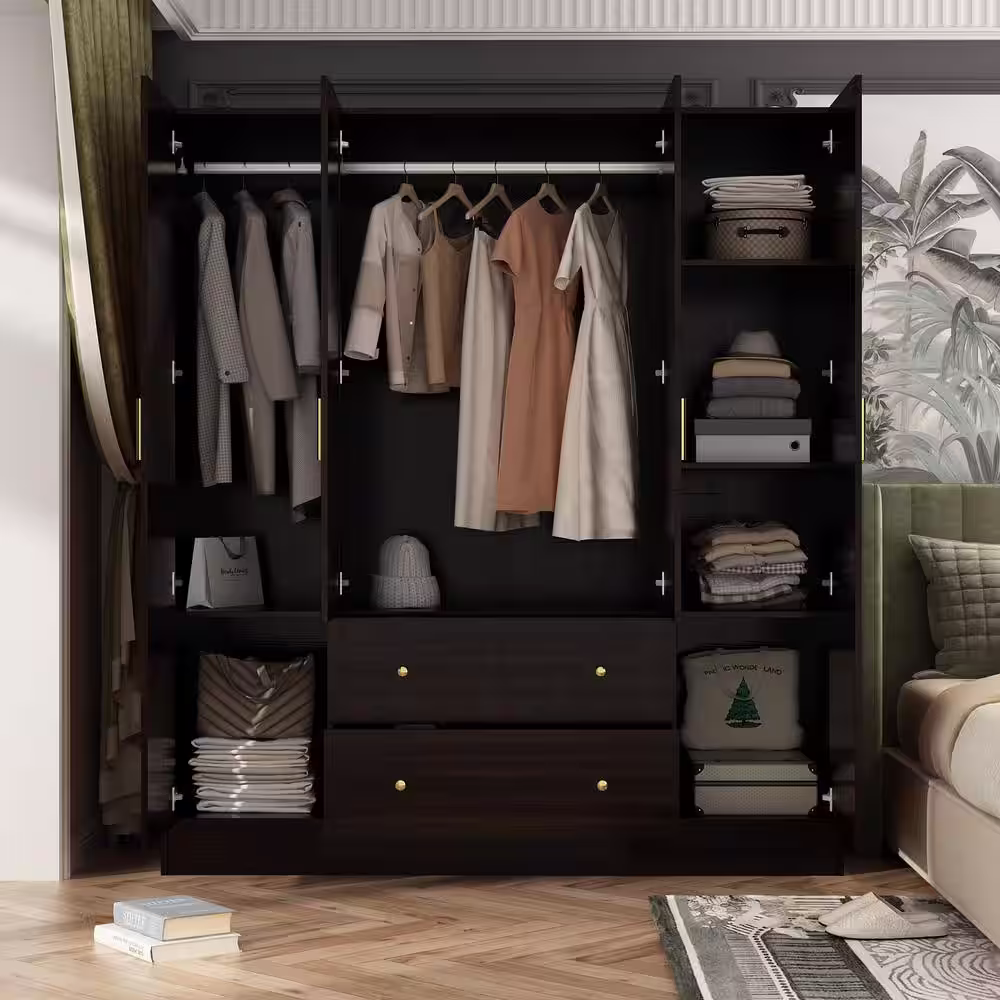 None Brown Wood Grain 63 in. W 4-Door Big Armoires With Mirror, 2 Hanging Rods, 2 Drawers, Storage Shelves (70.9 in. H)