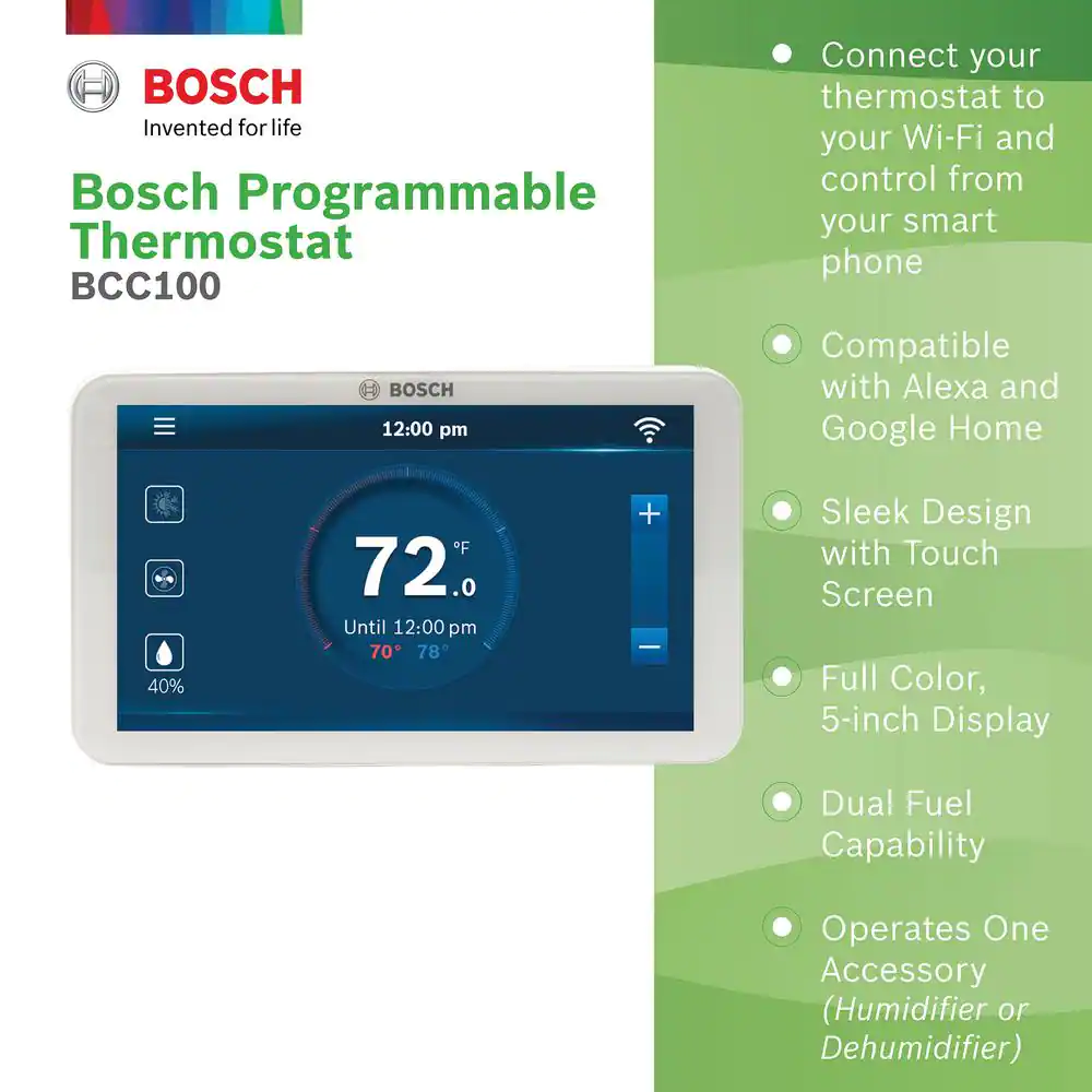 Bosch BCC100 Connected Control 7-Day Wi-Fi Internet 4-Stage Programmable Color Touchscreen Thermostat with Weather Access