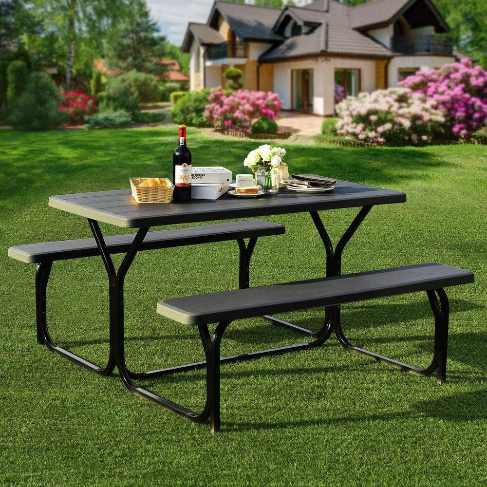 Alpulon 54 in. W x 59 in. D x 28.5 in. H Metal Outdoor Bench Set Picnic Table in Black