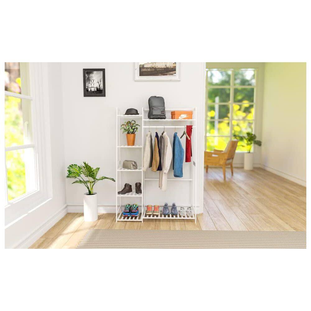 None White Bamboo Freestanding Closet Organizer Storage Shelves Hanging Heavy Duty Clothes Rack with Shelves