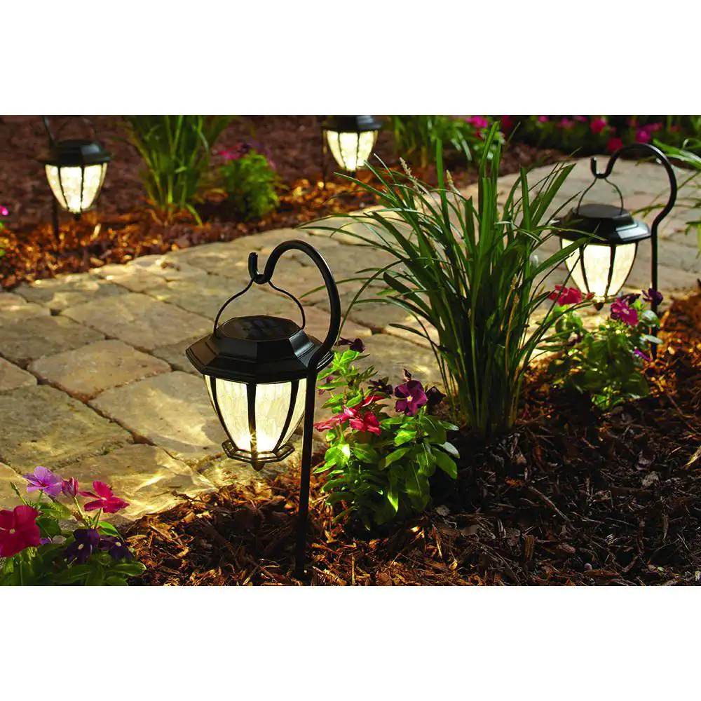 Hampton Bay Solar Matte Black Outdoor Integrated LED Shepard Hook Landscape Path Light with Hammered Lens (4-Pack)