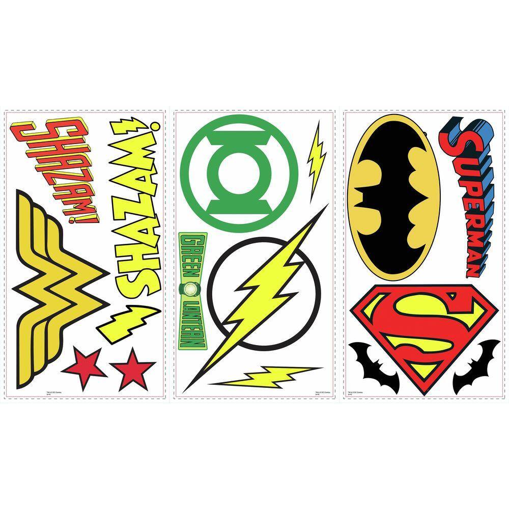 RoomMates 5 in. W x 11.5 in. H DC Superhero Logos 16-Piece Peel and Stick Wall Decal
