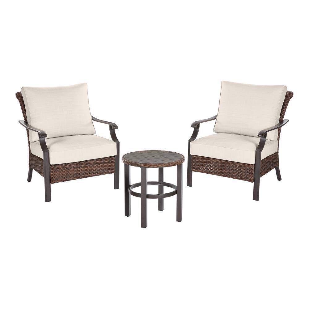 Hampton Bay Harper Creek 3-Piece Brown Steel Outdoor Patio Chair Set with CushionGuard Almond Tan Cushions