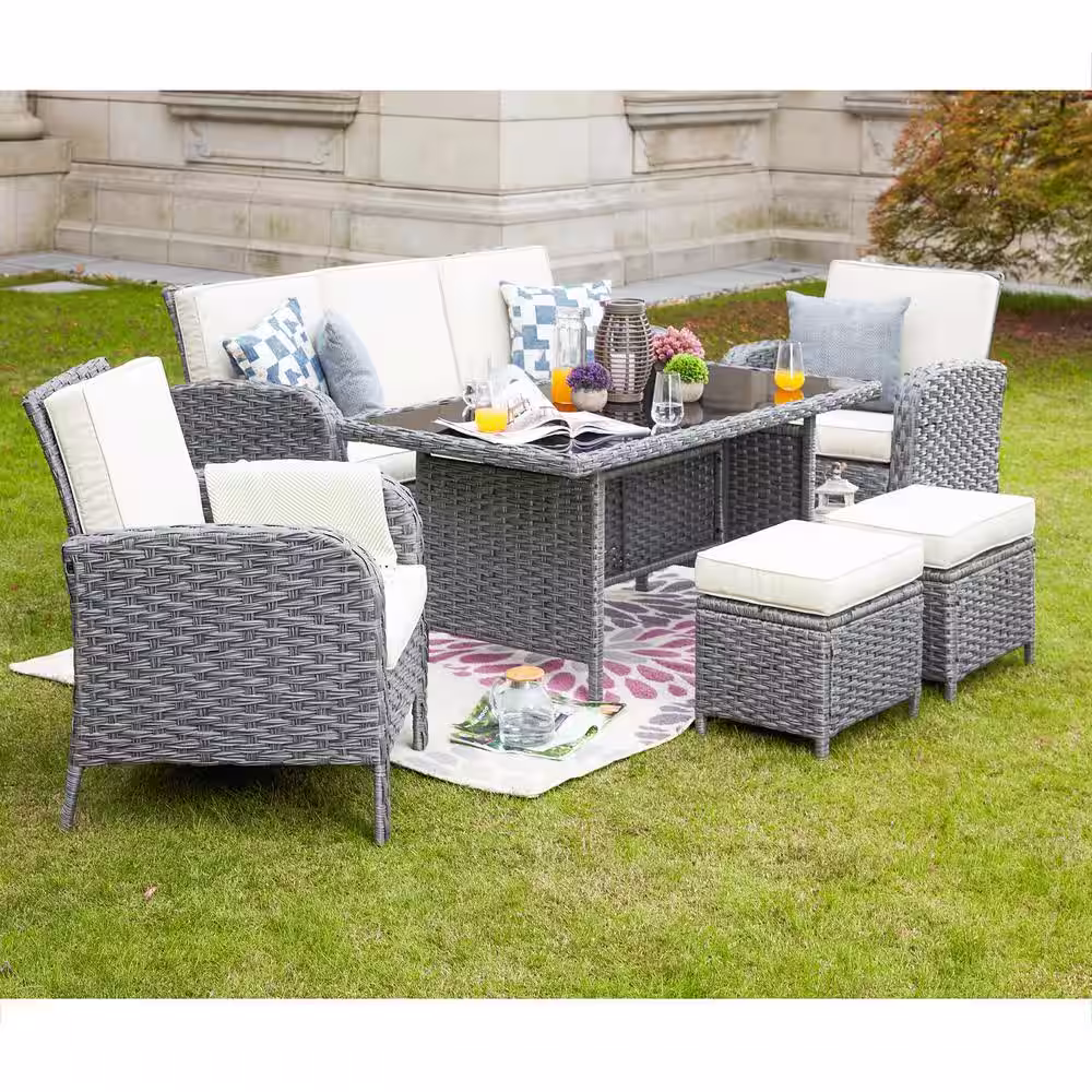 Patio Festival 6-Piece Wicker Patio Conversation Seating Set with Beige Cushions