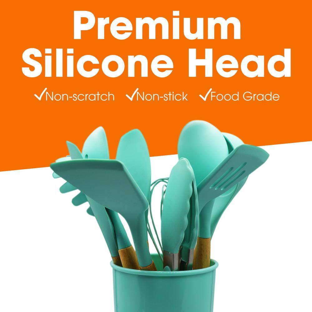 None 12-Piece Aqua Silicone Utensil Spatula Set with Wooden Handles