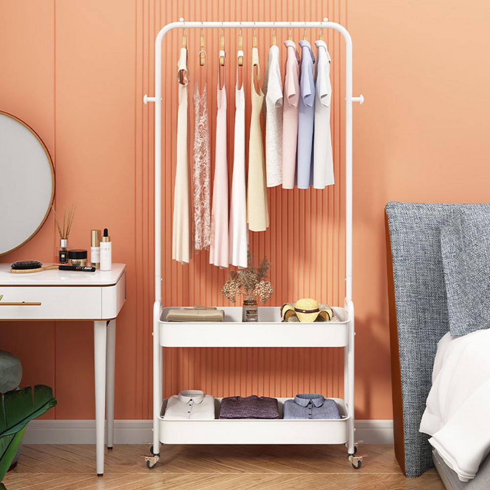 None White Floor Standing Carbon Steel Clothes Rack with Storage Basket