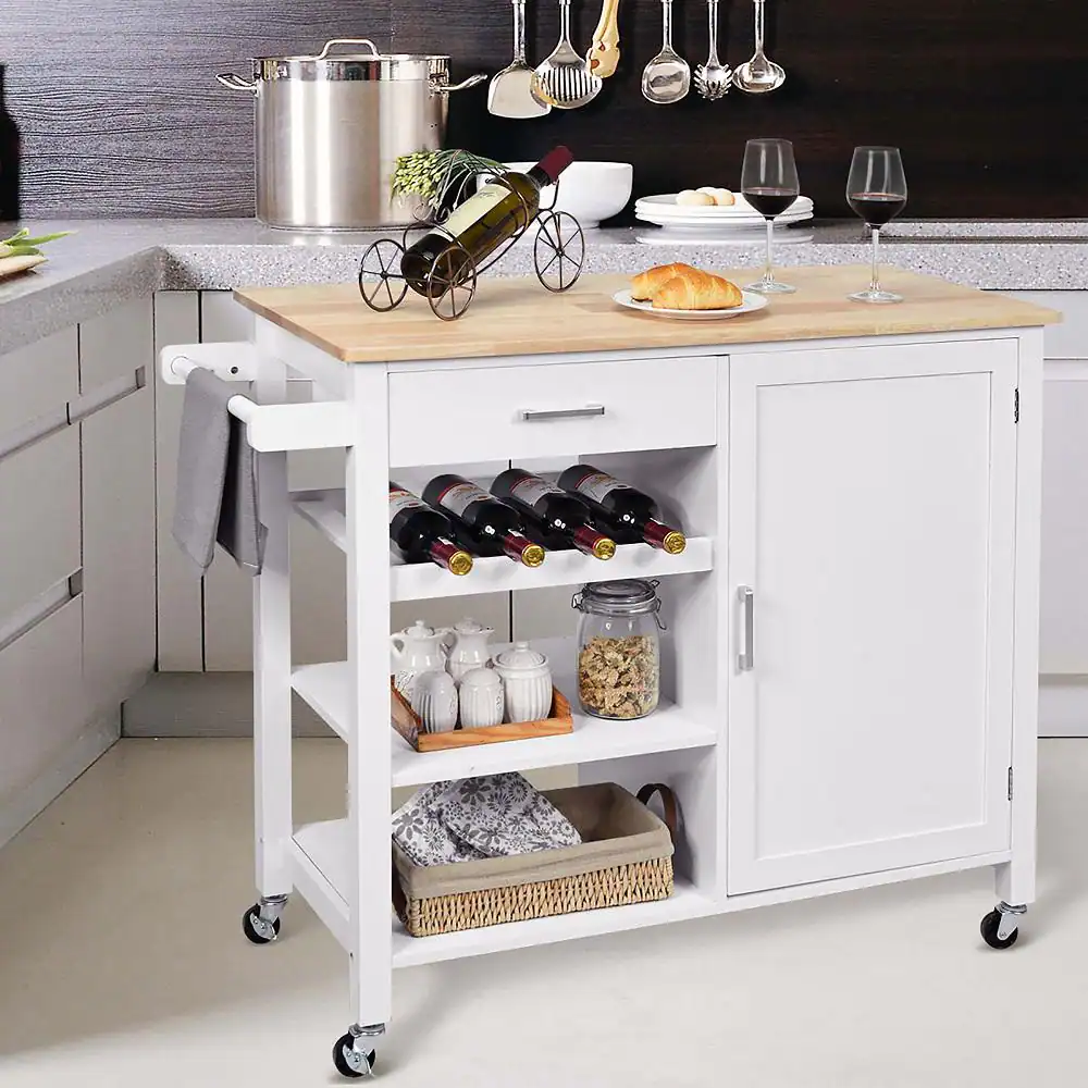 Costway 4-Tier White Wood Kitchen Island Trolley Cart Storage Cabinet with Wine Rack