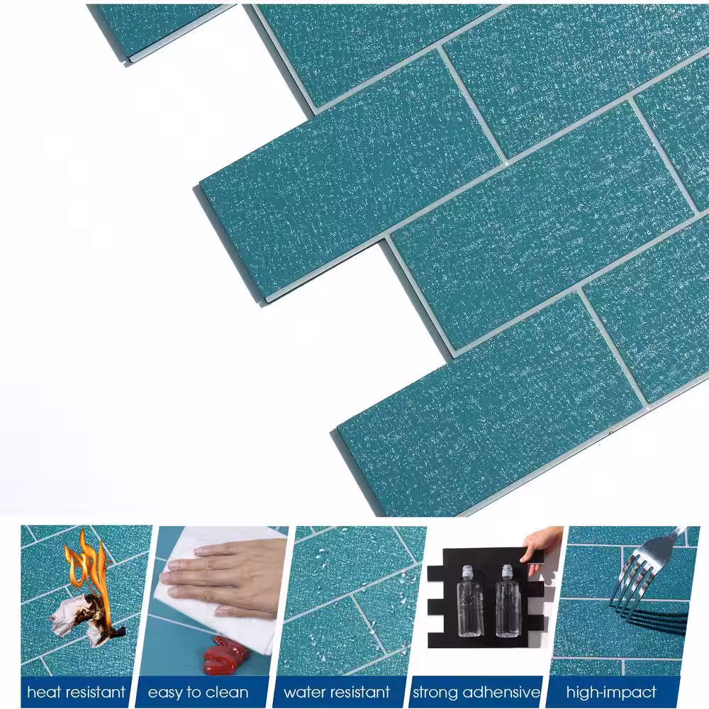 None 12 in. x 12 in. PVC Glitter Peacock Blue Peel and Stick Backsplash Subway Tiles for Kitchen (20-Sheets/20 sq. ft.)