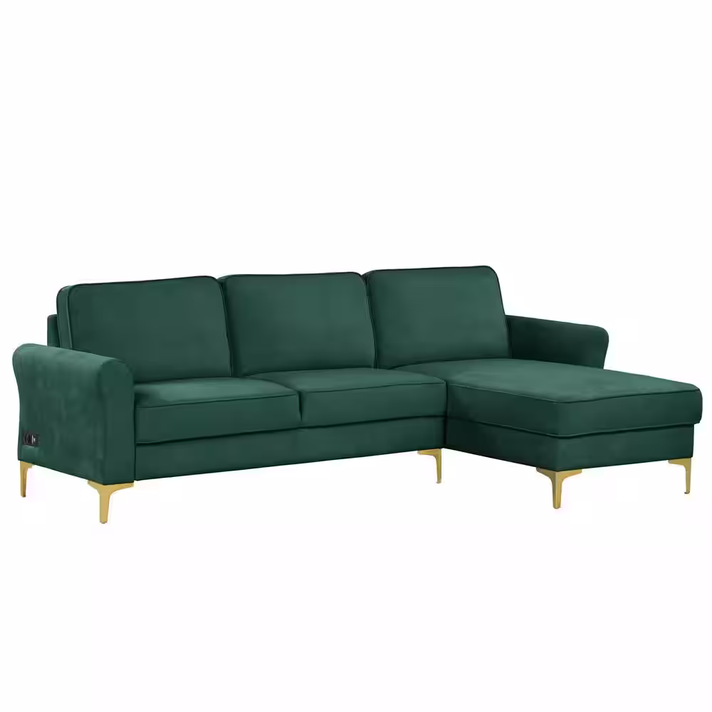 Lifestyle Solutions Landon 98.43 in. Rolled Arm Fabric L-Shaped Sectional Sofa in Green with USB Port