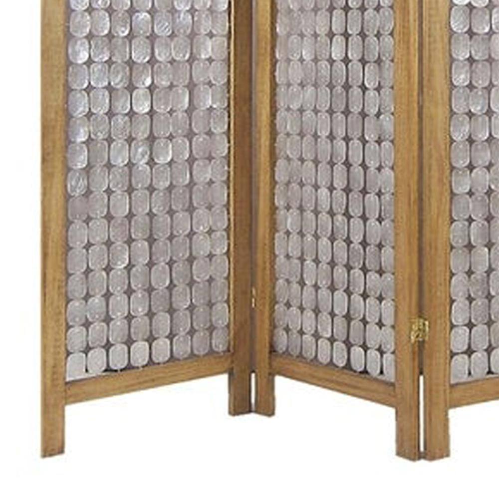 Benjara Brown and Silver 3-Panel Wooden Screen with Pearl Motif Accent