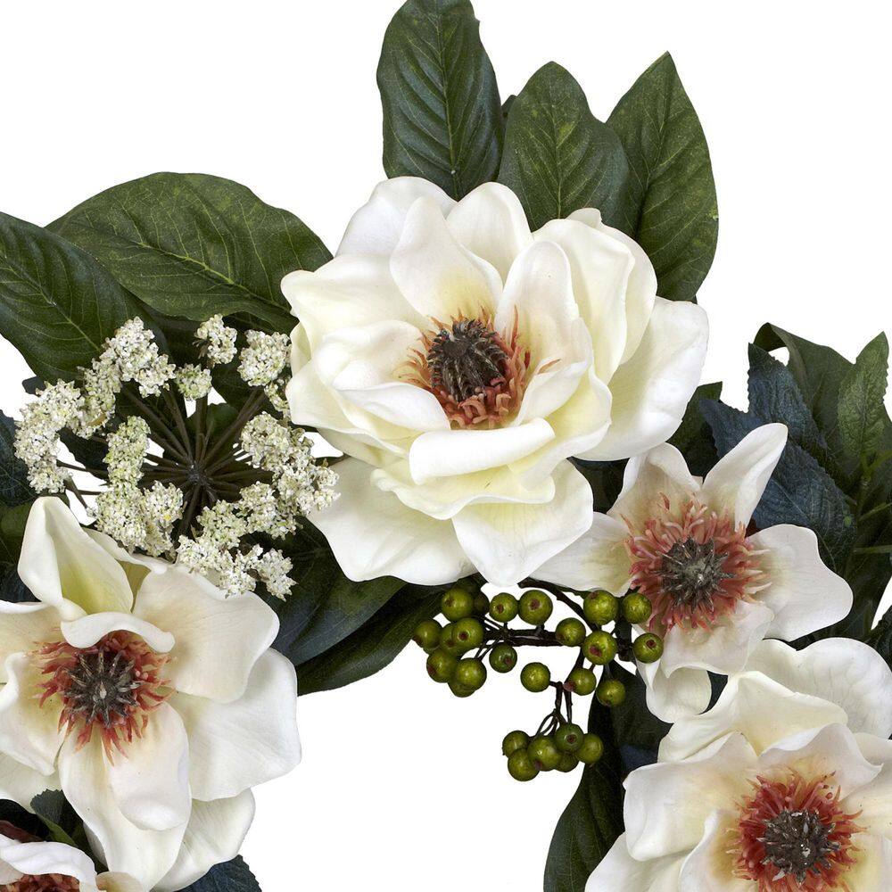Nearly Natural 22.0 in. Artificial H White Magnolia Wreath