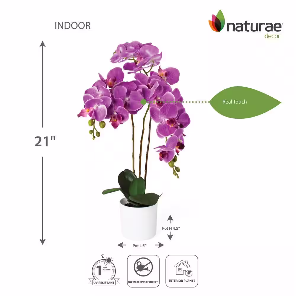 NATURAE DECOR 21 in. Pink Artificial Orchid in White Planter Pot