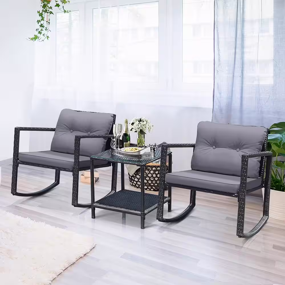 Costway 3-Piece Wicker Patio Furniture Set Rocking Chairs Gray Cushioned Sofa