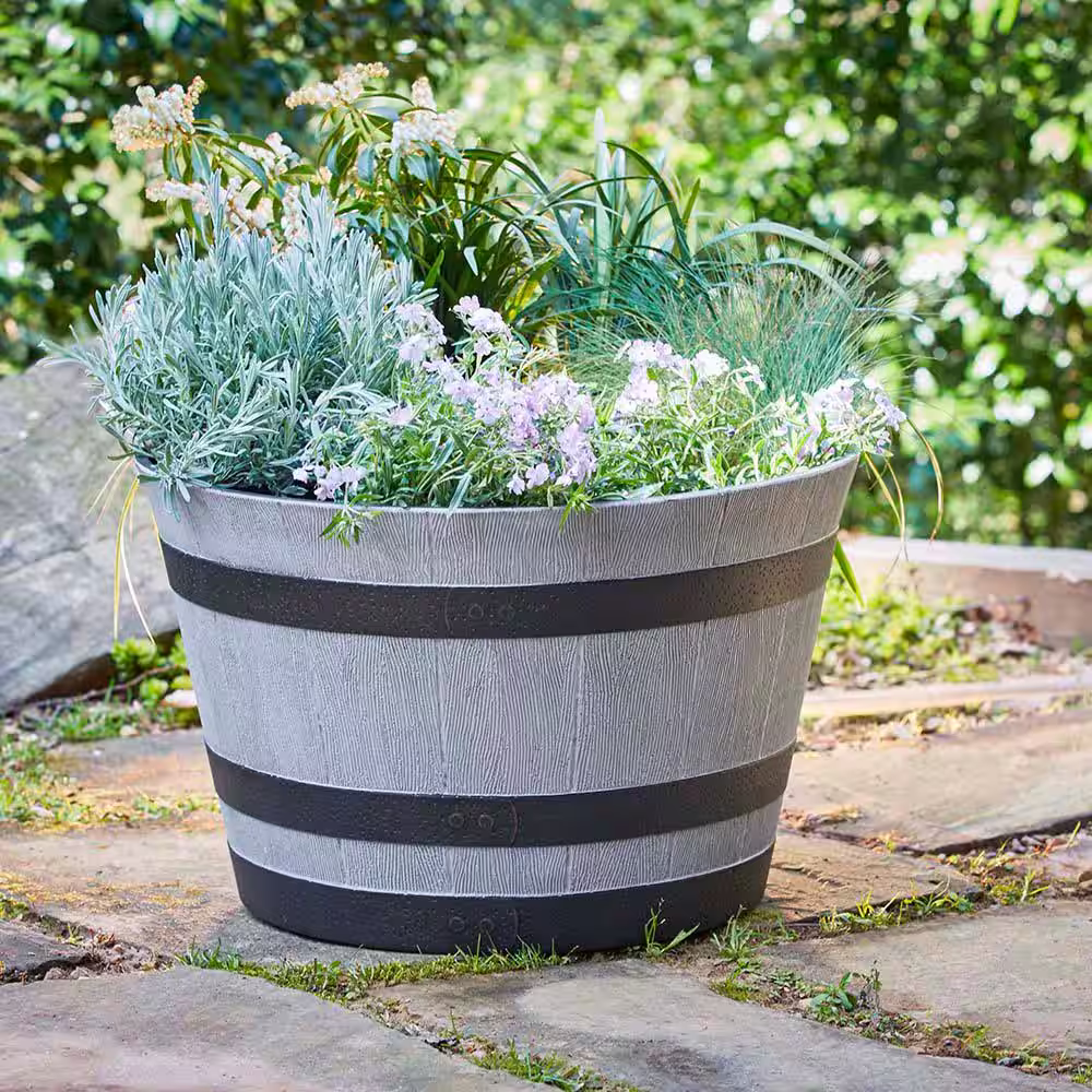 Southern Patio Large 22.24 in. Dia x 13 in. H 49 qt. Birchwood Gray High-Density Resin Whiskey Barrel Outdoor Planter