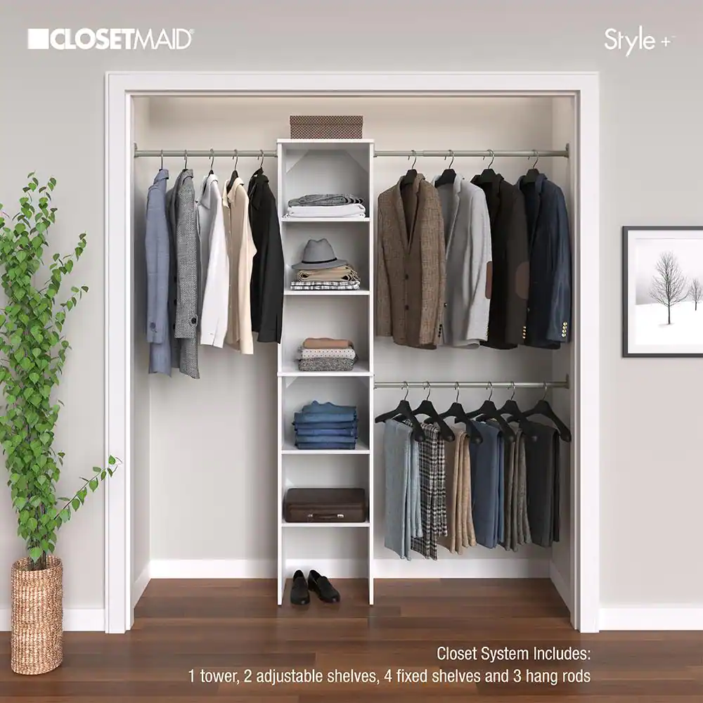 ClosetMaid Style+ 72 in. W - 113 in. W White Narrow Wood Closet System