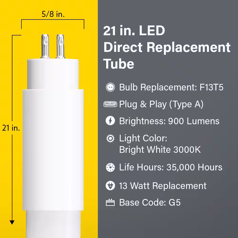 Feit Electric 12-Watt 21 in. T5 G5 Type A Plug and Play Linear LED Tube Light Bulb, Bright White 3000K