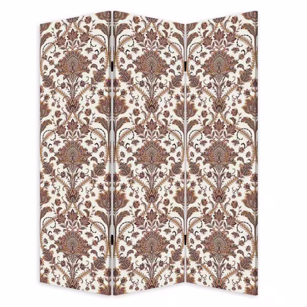 Benjara 72 in White and Brown Dual Sided Baroque 3-Panel Canvas Screen Room Divider