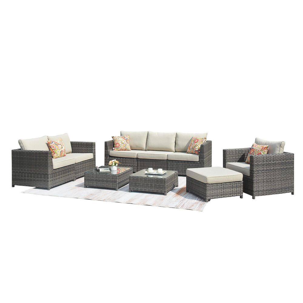 OVIOS Honory Gray 9-Piece Big Size Wicker Patio Conversation Seating Set with Beige Cushions