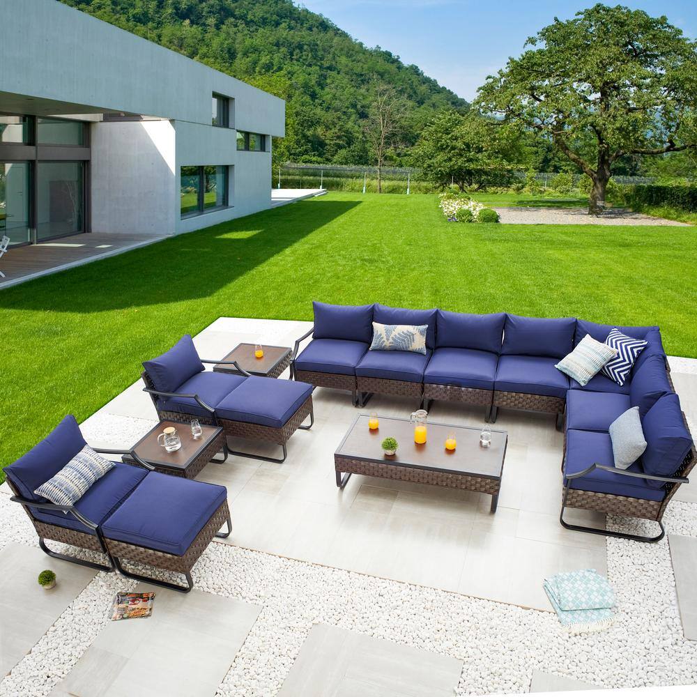 Patio Festival U-Leg 14-Piece Wicker Patio Conversation Set with Blue Cushions