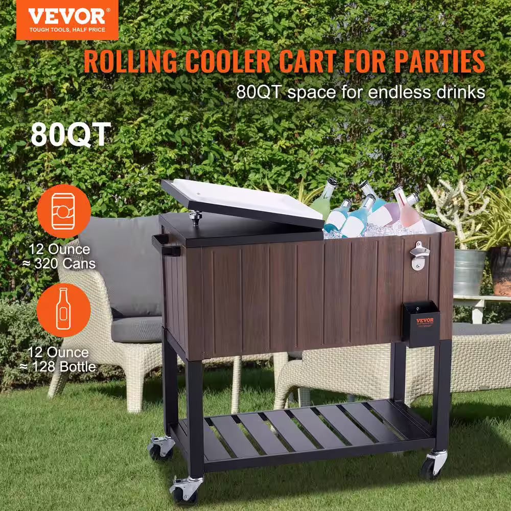 None Rolling Ice Chest Cooler Cart 80 qt. Portable Bar Drink Cooler, Beverage Bar Stand Up Cooler