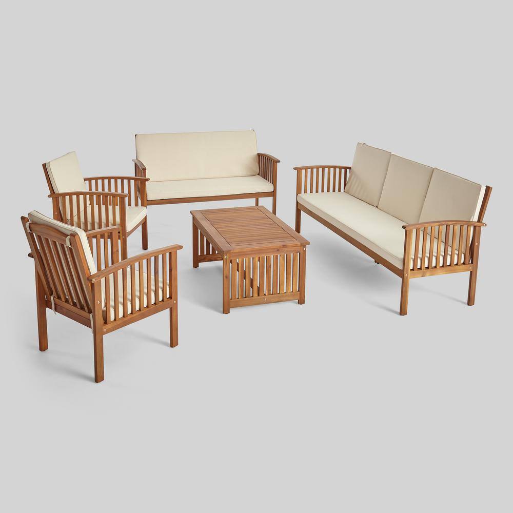 Noble House Carolina Teak Brown 5-Piece Wood Patio Conversation Seating Set with Cream Cushions