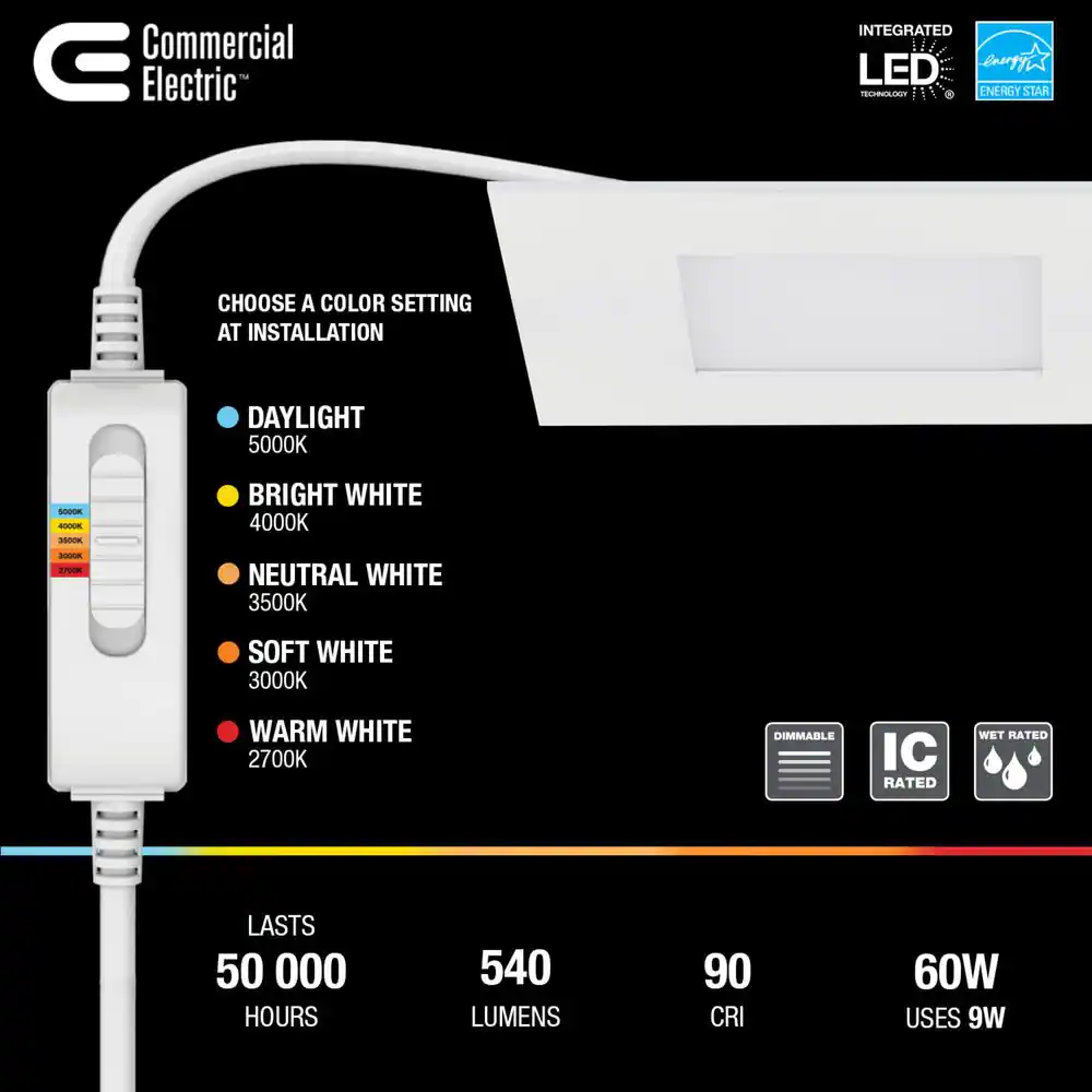 Commercial Electric Ultra Slim Square 4 in. Adjustable CCT Canless New Construction & Remodel IC Rated Dimmable LED Recessed Light Kit