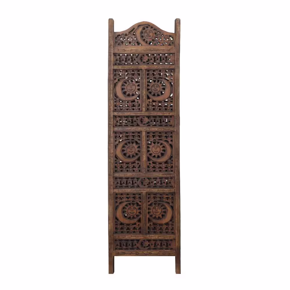 Benzara 71 in. Brown Sun and Moon Design Foldable 4-Panel Wooden Room Divider