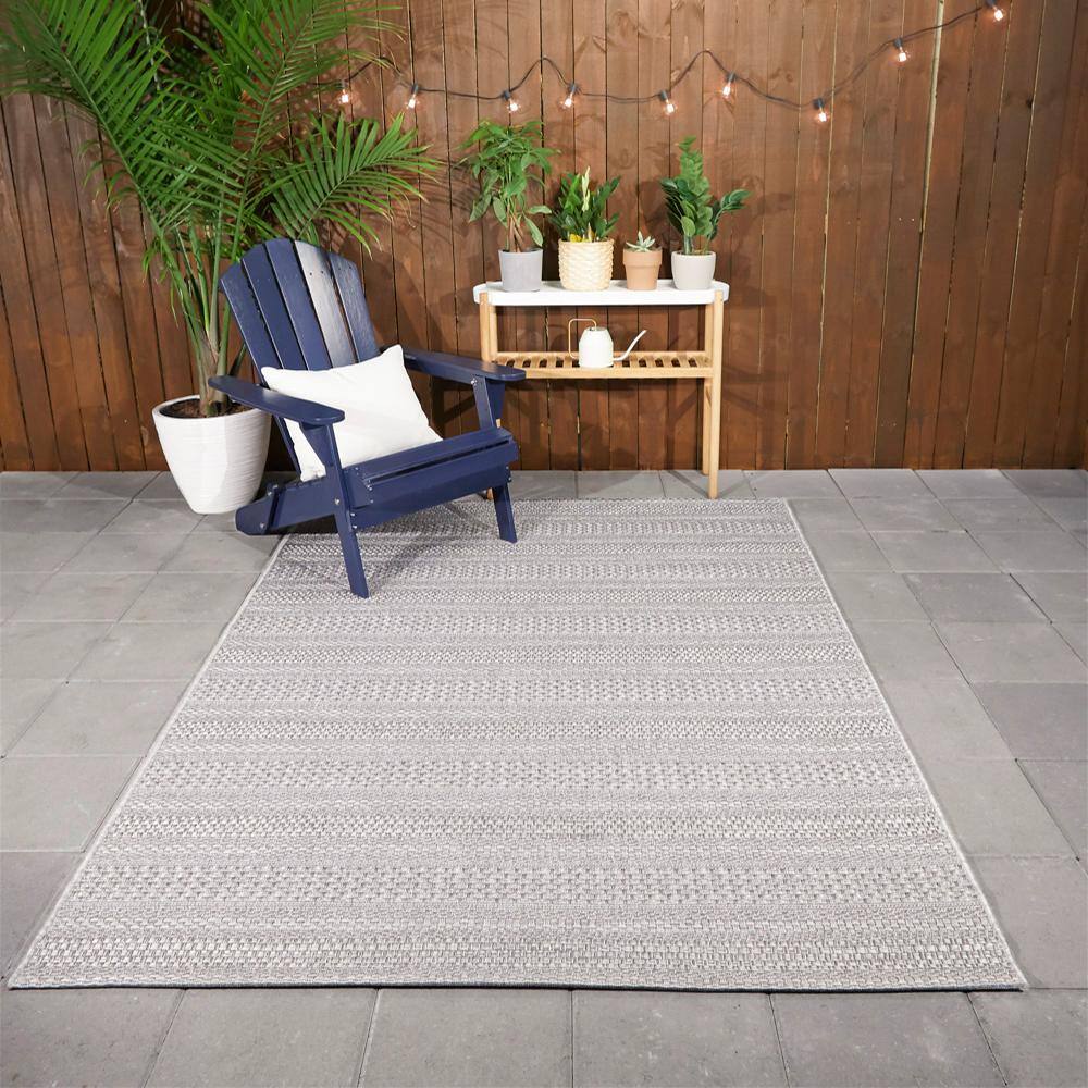 Hampton Bay Natural Ash Grey 8 ft. x 10 ft. Striped Indoor/Outdoor Patio Area Rug