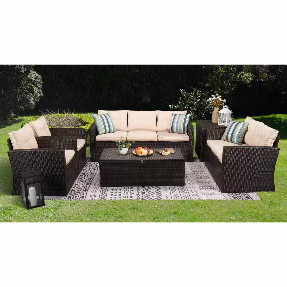 None 6-Piece Wicker Patio Conversation Set with Beige Cushions
