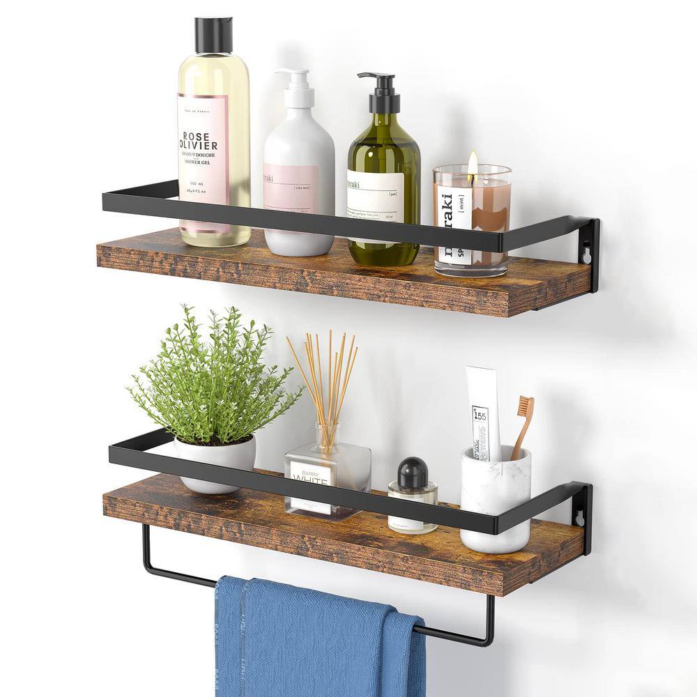 None 5.9 in. D x 16.5 in. W x 2.75 in. H Rustic Brown Wall Shelves with Towel Bar (Set of 2)