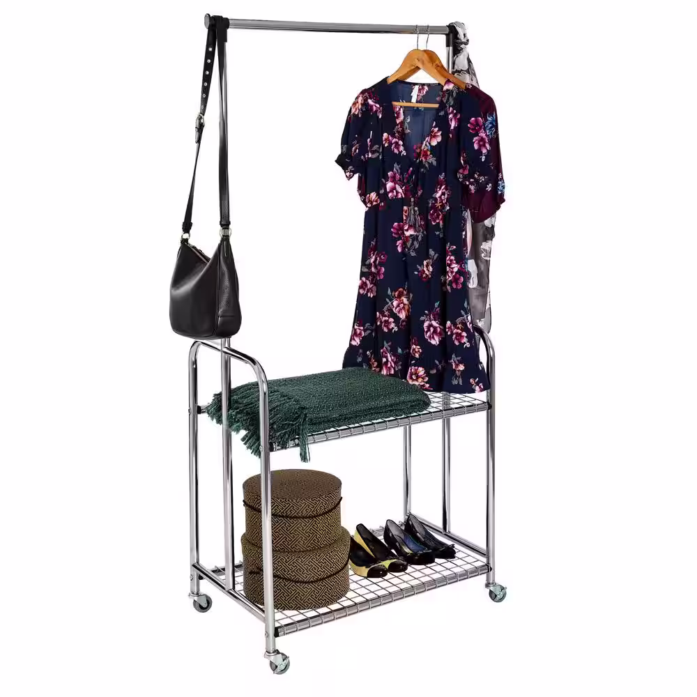 Seville Classics Chrome Plated Steel Height Adjustable 2 Shelf Mobile Garment Rack 33.27 in. W x 18.11 in. D x 65.55 in. H