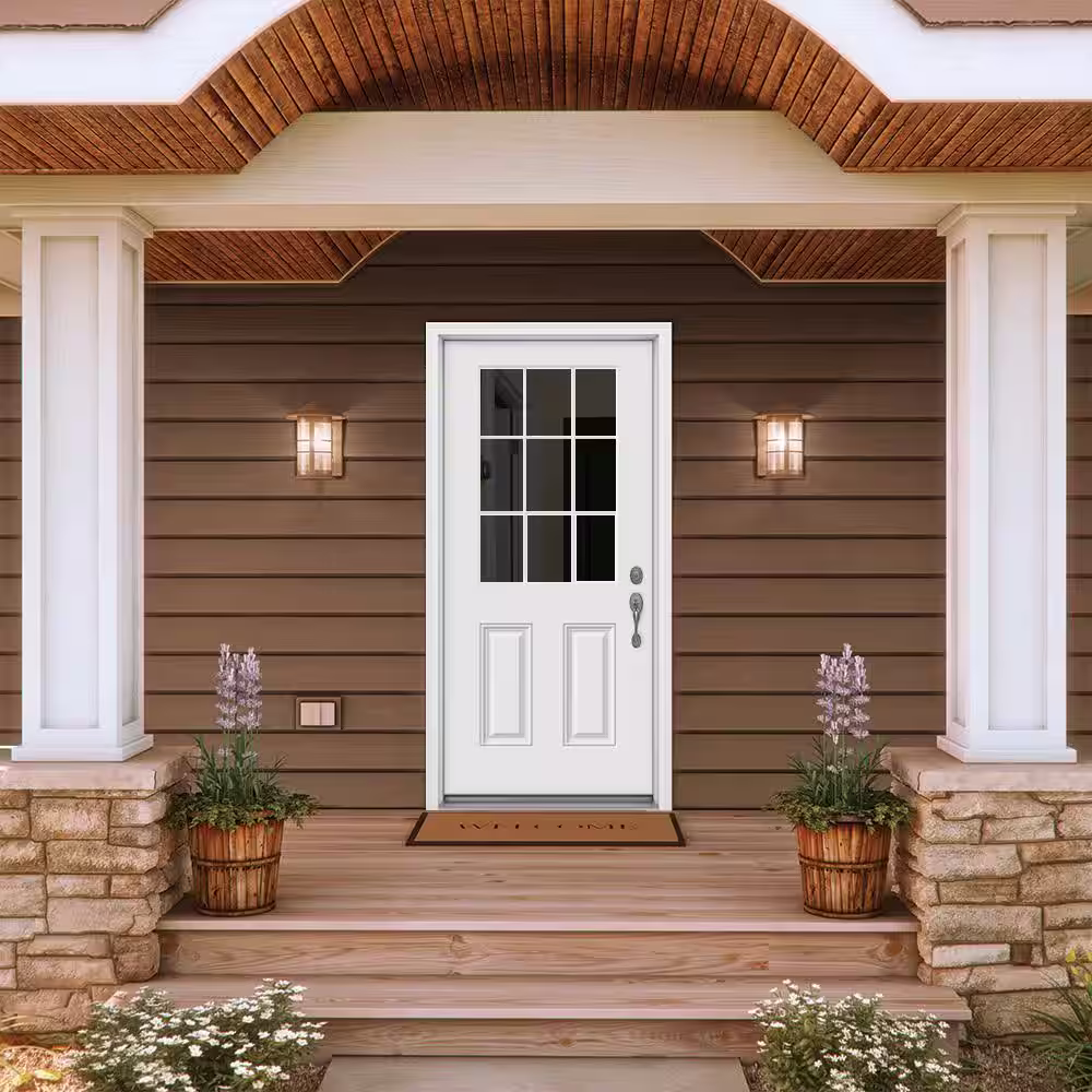 JELD-WEN 32 in. x 80 in. 9 Lite Primed Fiberglass Prehung Entry Door with Brickmould