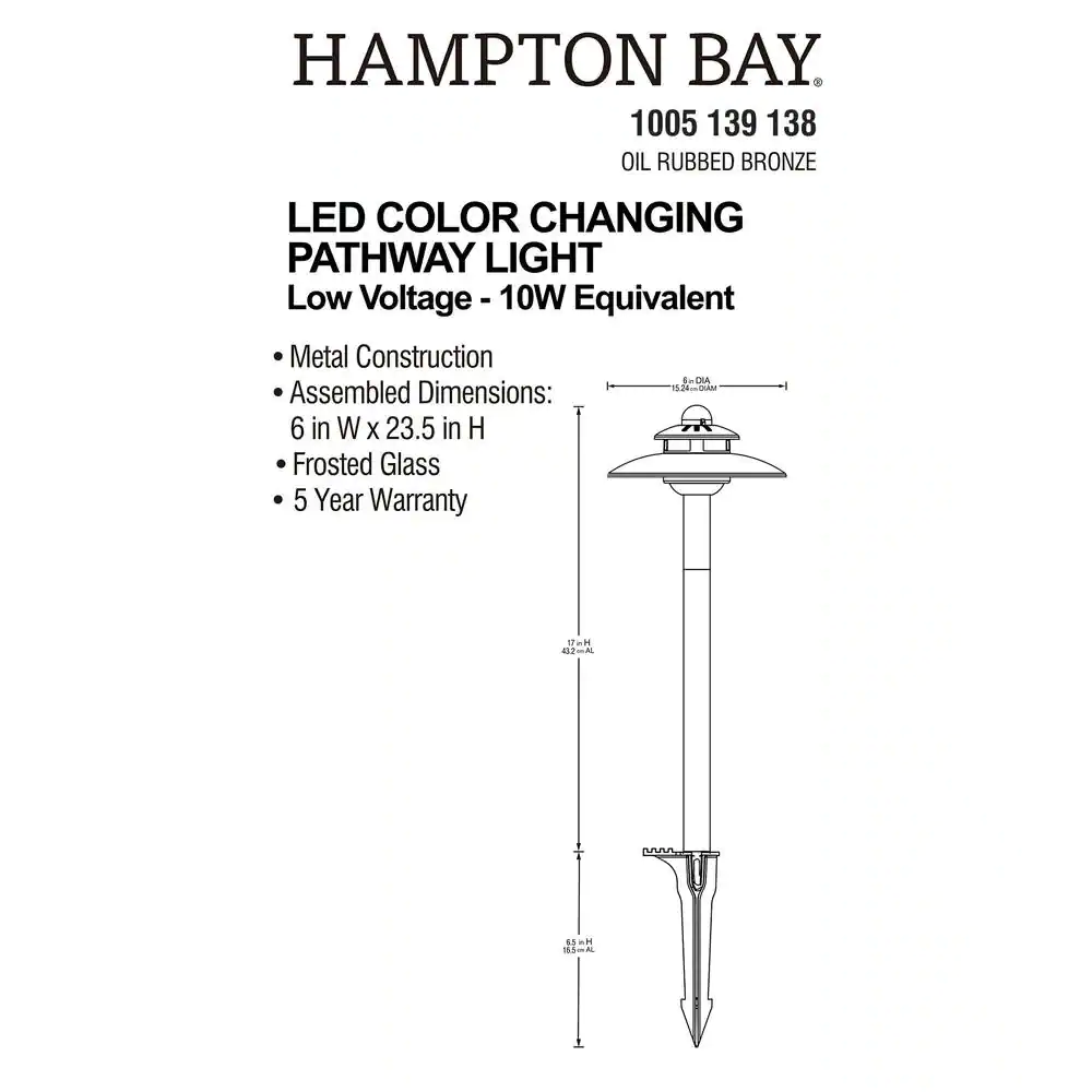 Hampton Bay 10-Watt Equivalent Low Voltage Oil Rubbed Bronze LED Outdoor Landscape Path Light with Adjustable Color