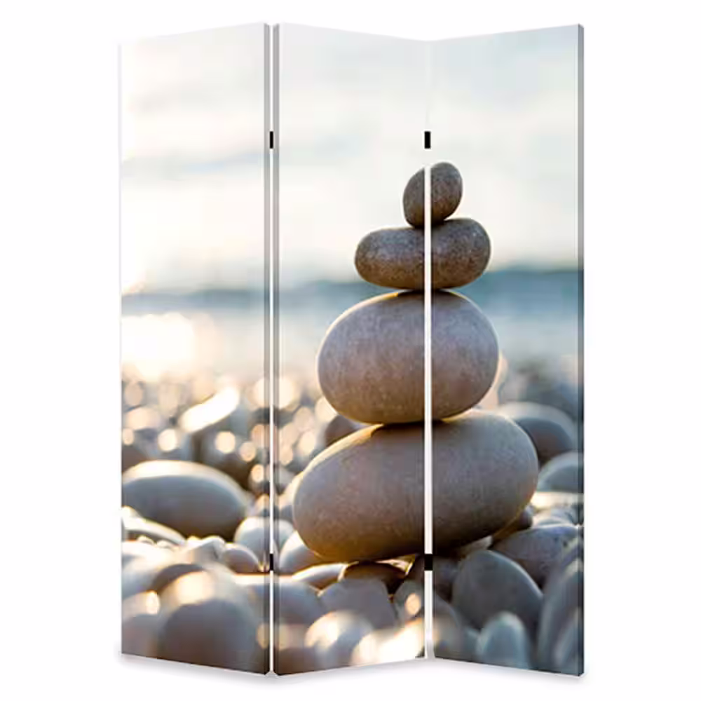 Benjara Brown and White 3 Panel Foldable Canvas Screen with Pebble Print