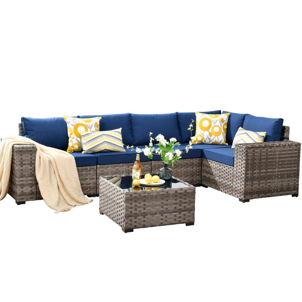 OVIOS Marvel Gray 6-Piece Wicker Wide Arm Patio Conversation Set with Navy Blue Cushions