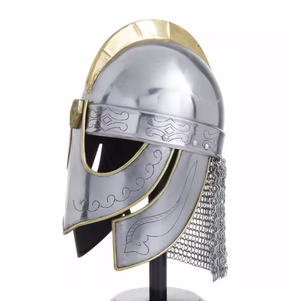 Litton Lane Silver Metal Replica Medieval Knight Crusader Helmet with Black Wood Stand and Chainmail