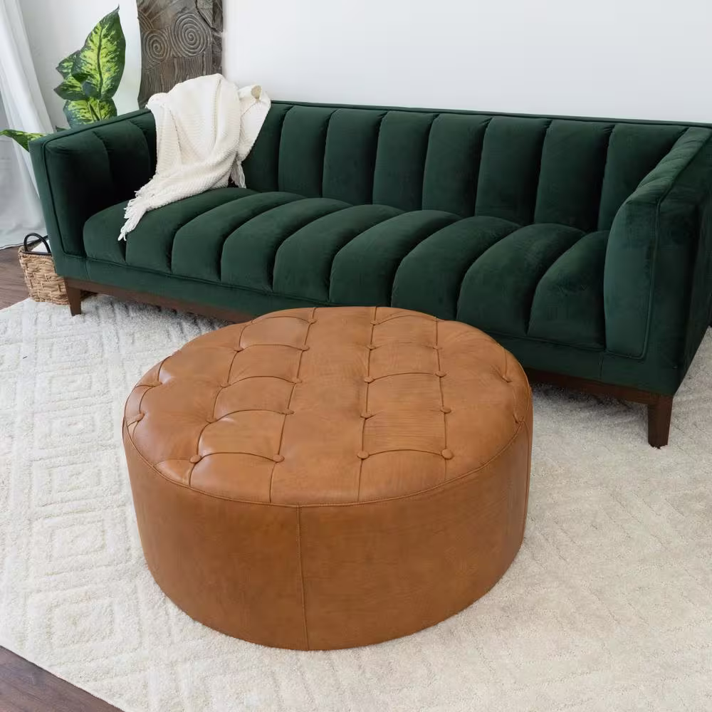 Ashcroft Furniture Co Tate Round Genuine Leather Ottoman in Tan Brown