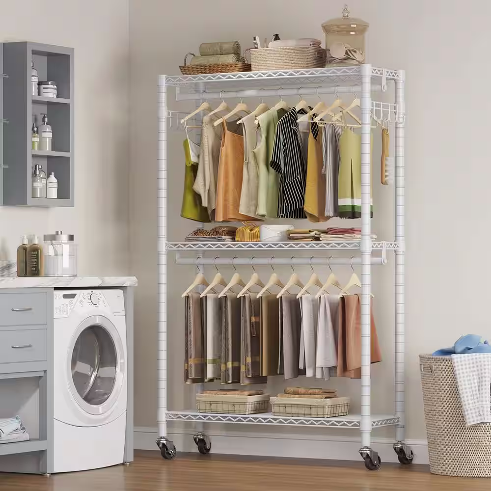 None White Metal Garment Clothes Rack with Wheels 45 in. W x 80 in. H