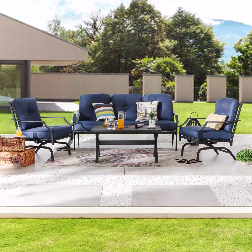 Patio Festival 4-Piece Metal Patio Conversation Set with Blue Cushions