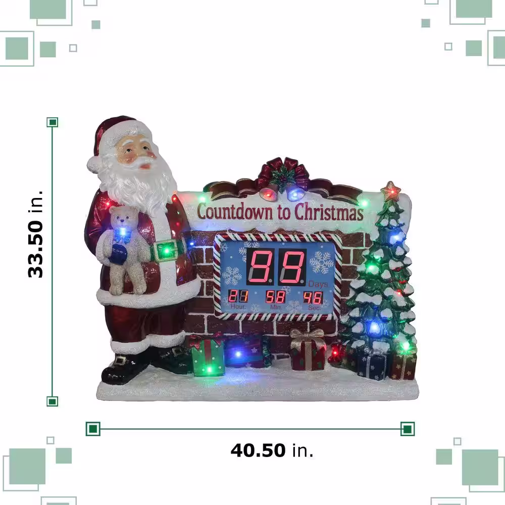 Fraser Hill Farm 33.5 in. Red Christmas Musical Countdown Clock with Santa, Tree and Presents with Long-Lasting LED Lights