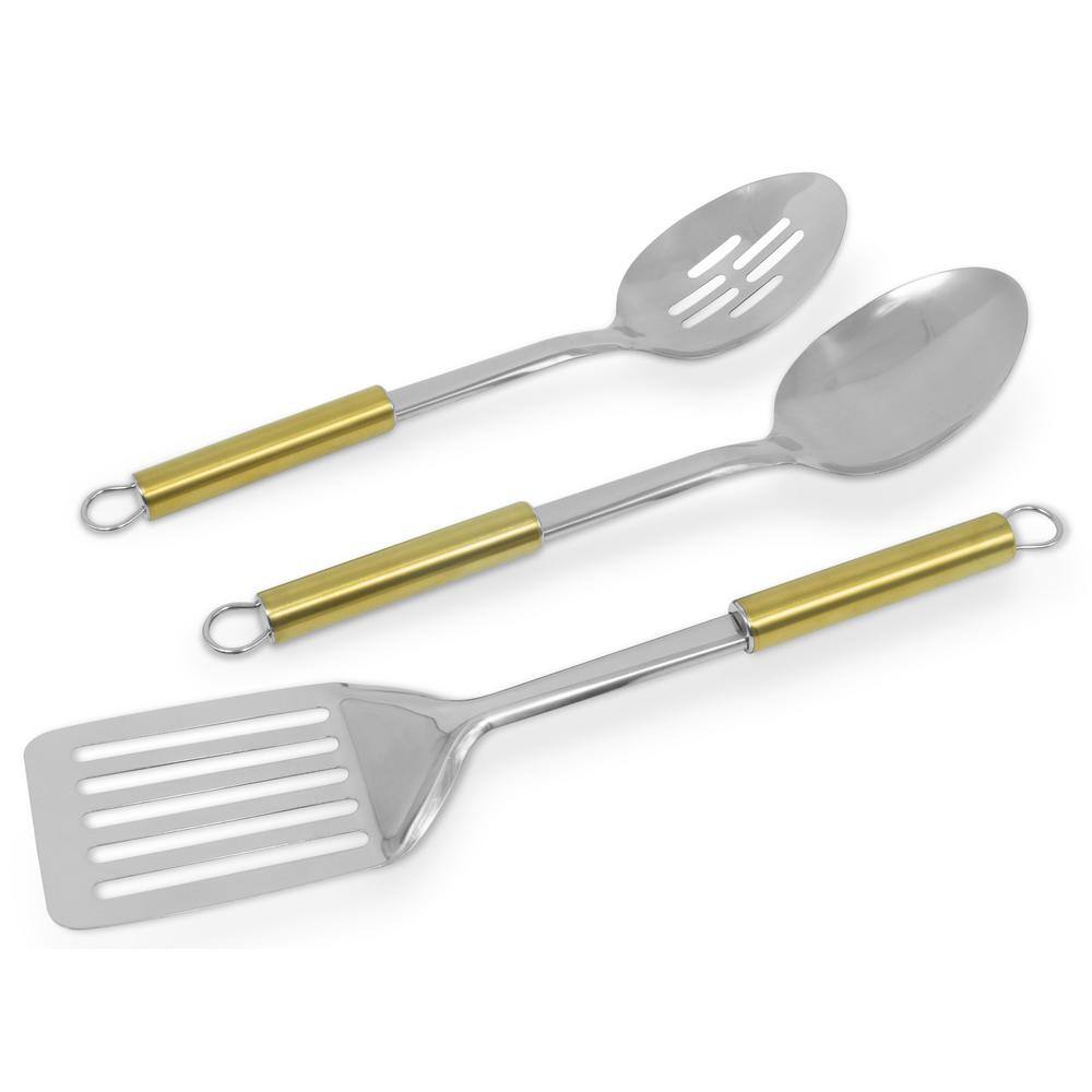 ExcelSteel 3 Pieces/S Slotted Spatula, Solid Spoon, Slotted Spoon with Gold