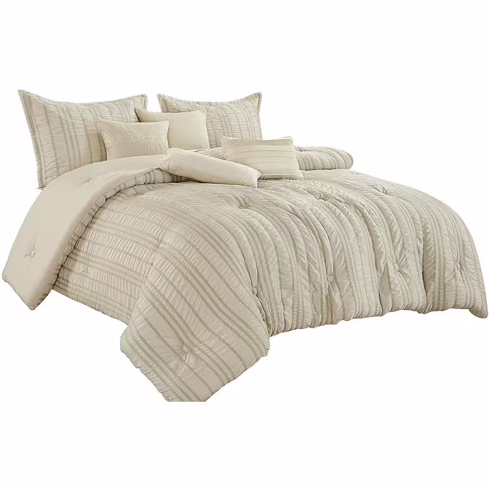 Shatex 7-Pieces Beige Luxury Embroidery Microfiber Polyester King Comforter Set