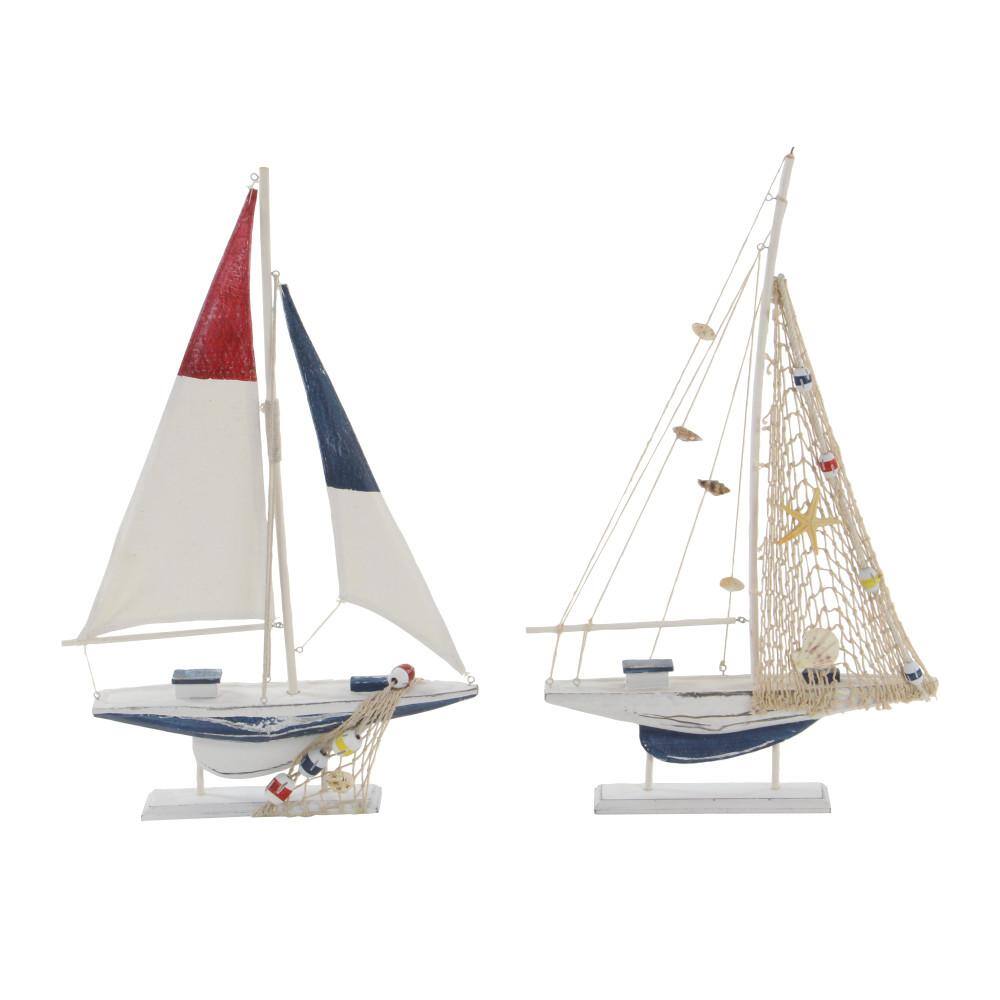 Litton Lane White Wood Sail Boat Sculpture (Set of 2)