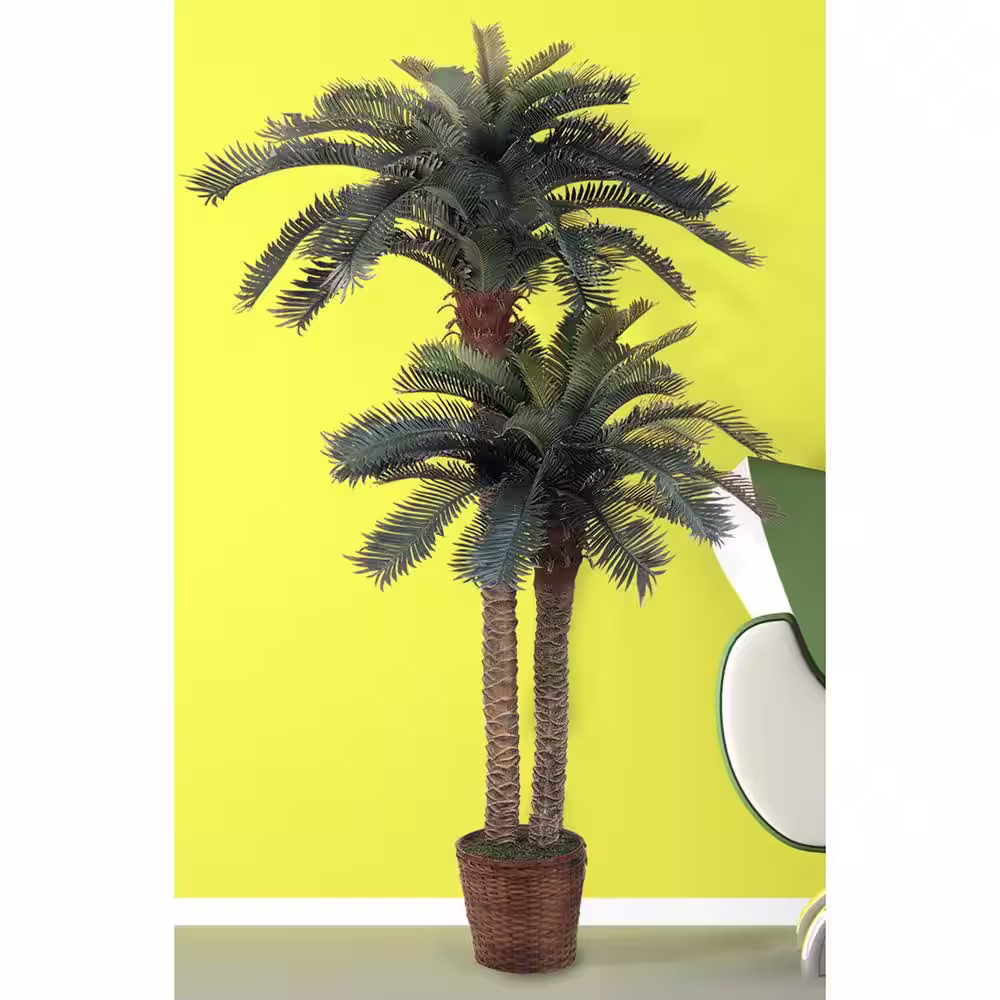 Nearly Natural 6 ft. Artificial and 4 ft. Artificial Sago Palm Double Potted Silk Tree
