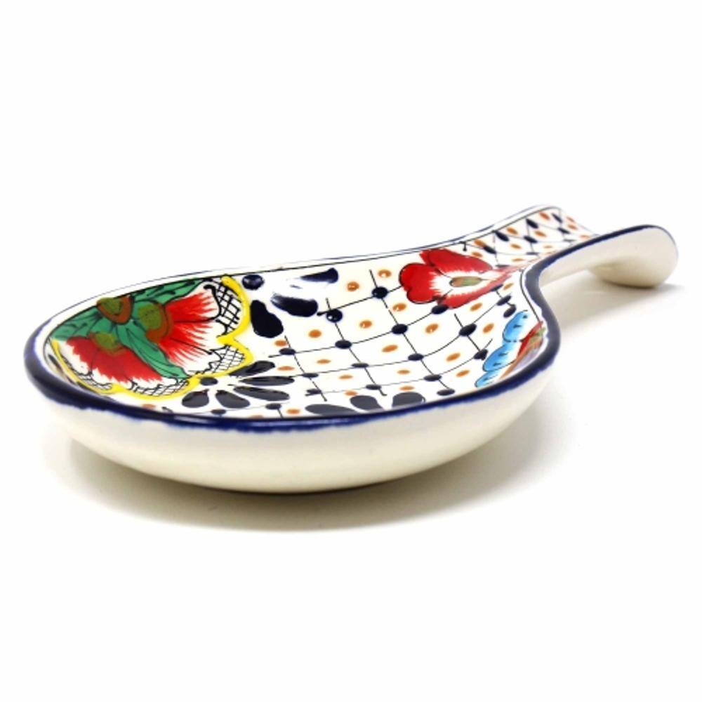 None 1-Piece Dots and Flowers Mexican Pottery Ceramic Spoon Rest