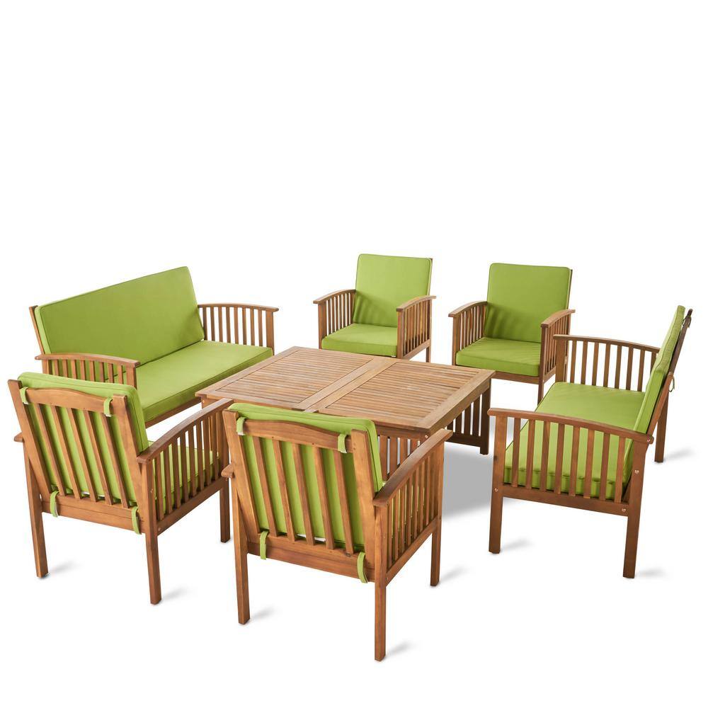 Noble House Thalia Brown 8-Piece Wood Patio Conversation Set with Light Green Cushions