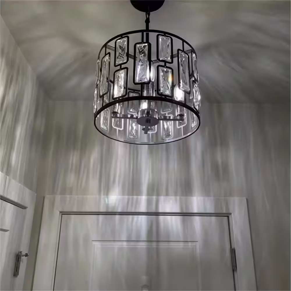 C Cattleya 4-Light Black Drum Pendant Light with Clear Crystals